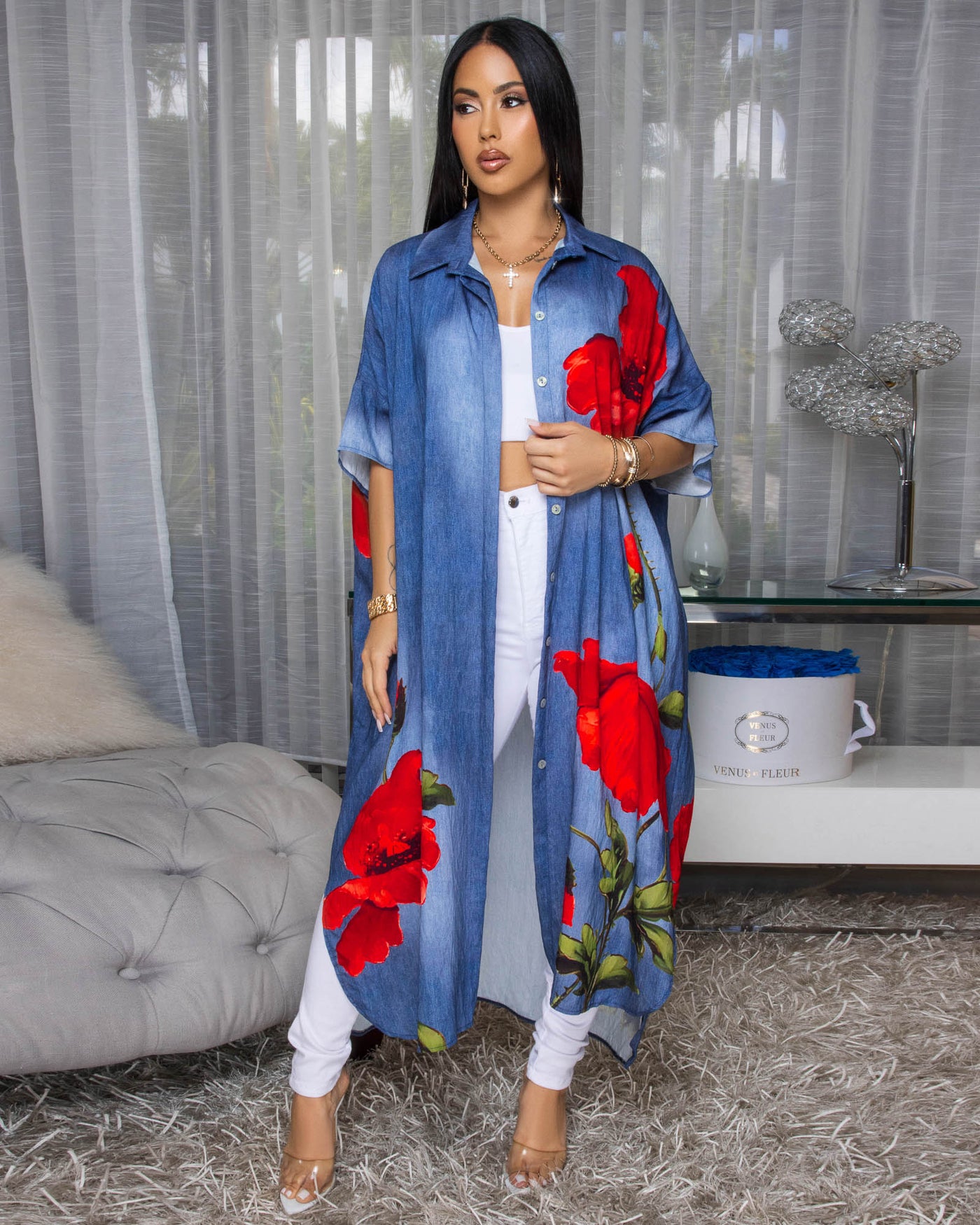 Charina Blue Denim Print Red Floral Maxi Dress