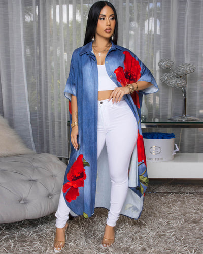 Charina Blue Denim Print Red Floral Maxi Dress