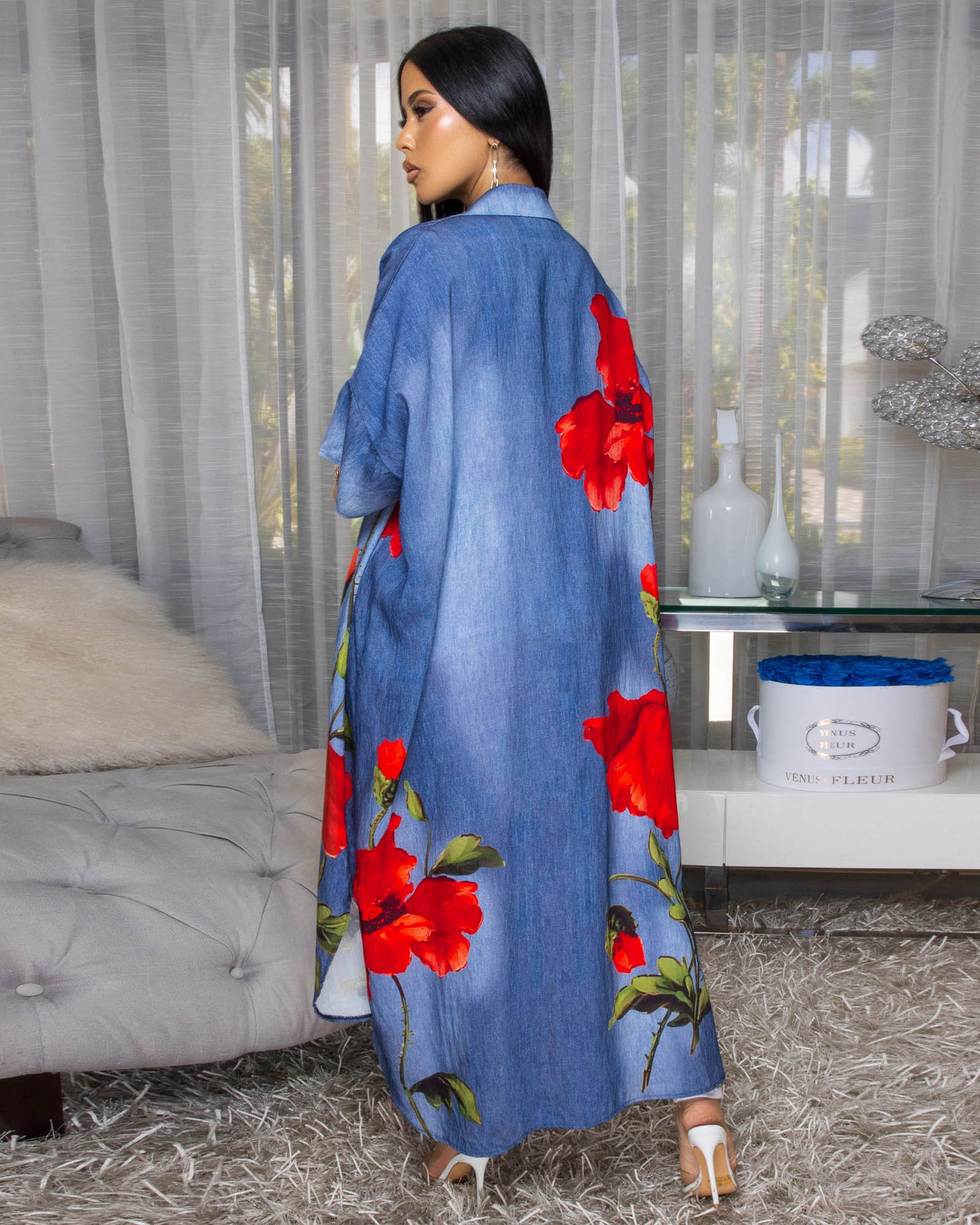 Charina Blue Denim Print Red Floral Maxi Dress