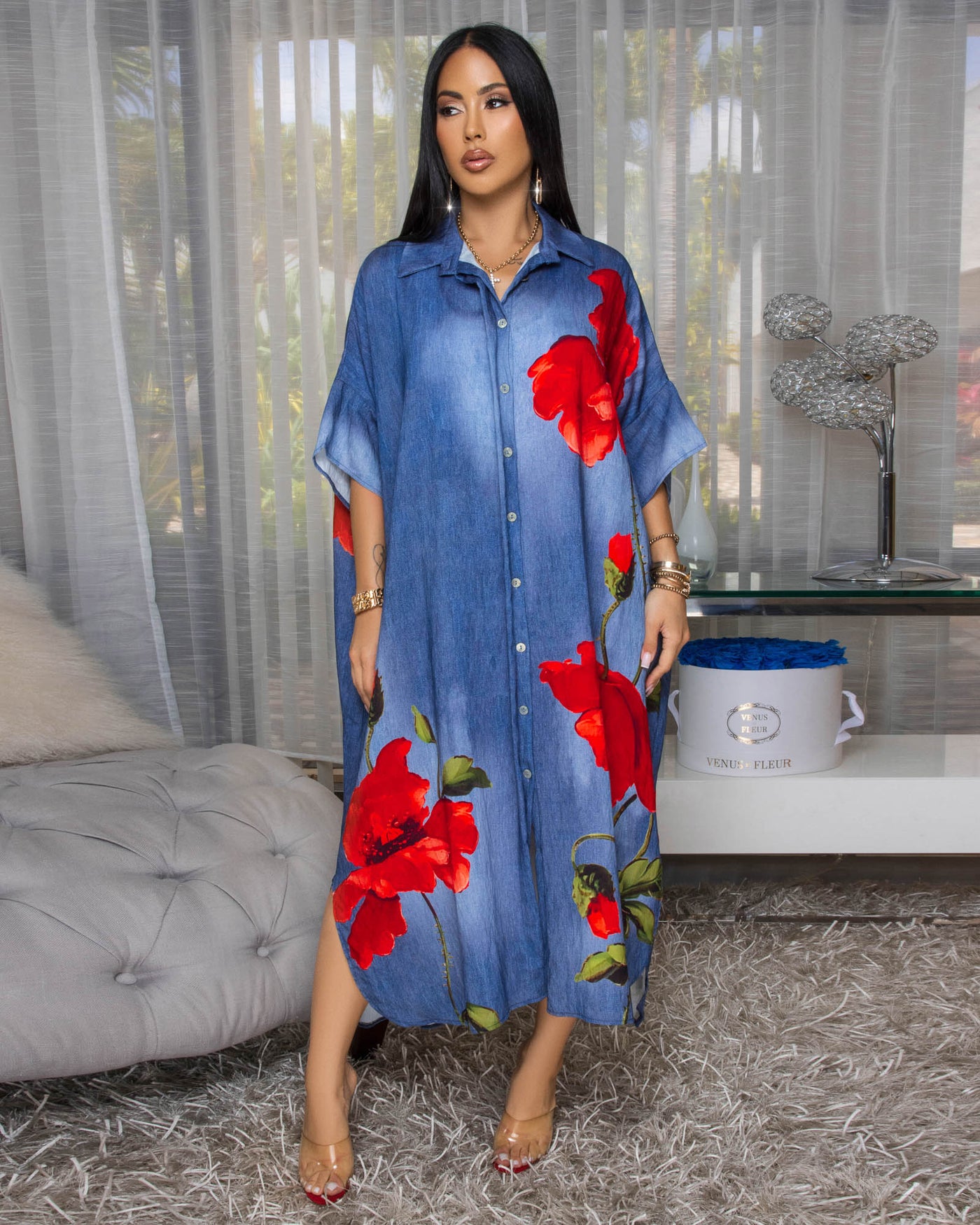 Charina Blue Denim Print Red Floral Maxi Dress