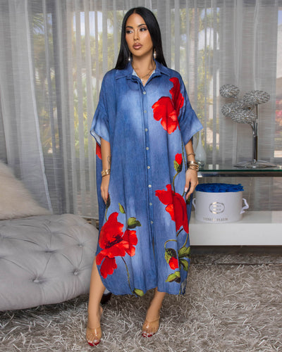 Charina Blue Denim Print Red Floral Maxi Dress