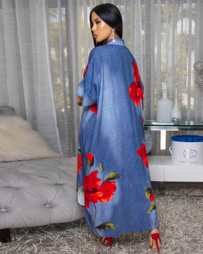 Charina Blue Denim Print Red Floral Maxi Dress