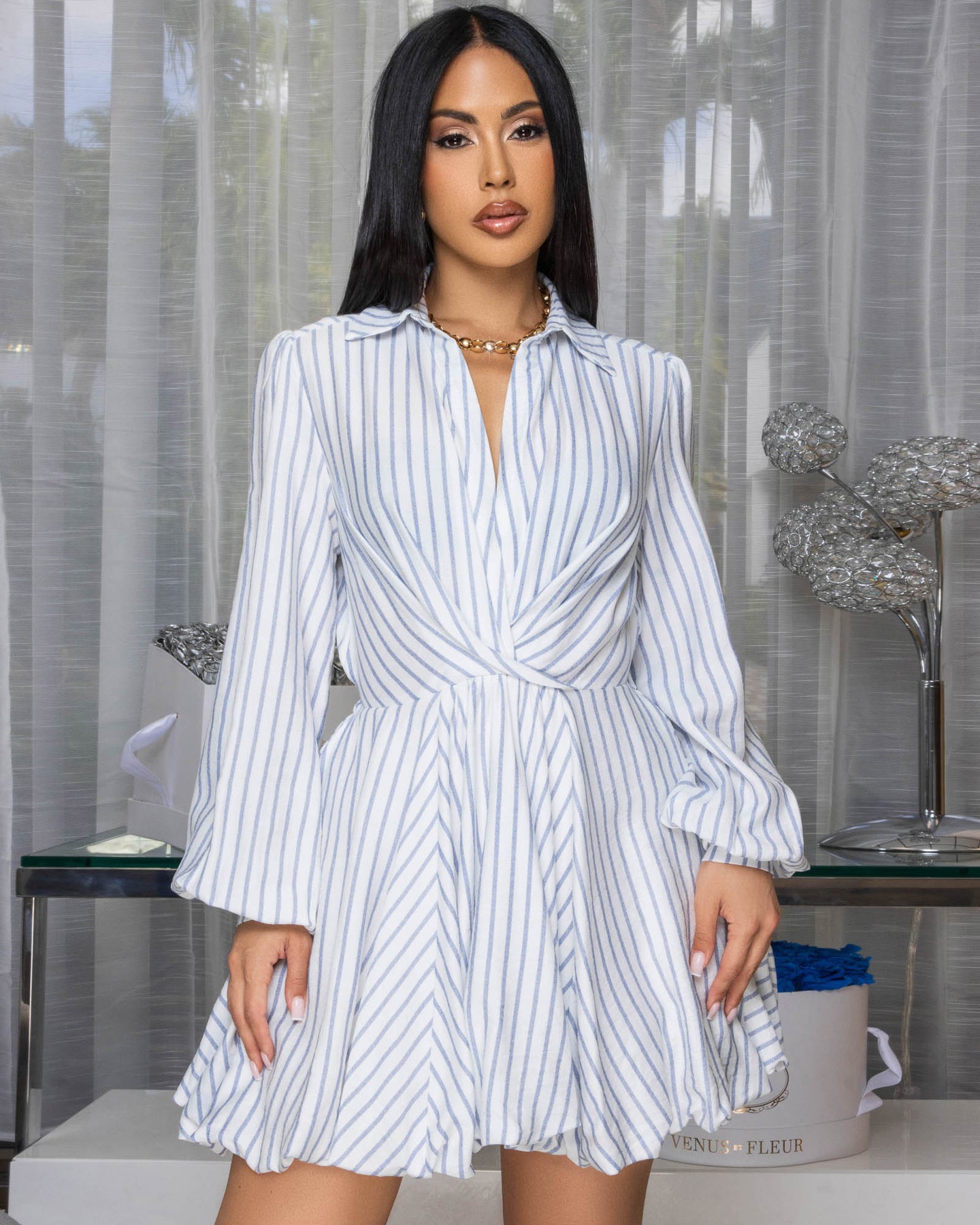 Maureen Blue White Stripes Skater Dress