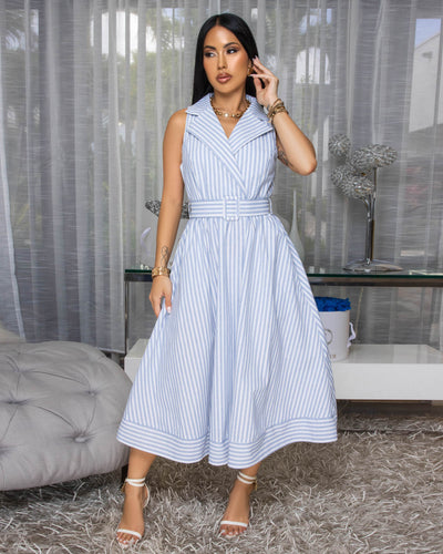 Vera White Blue Stripes Belted Midi Dress
