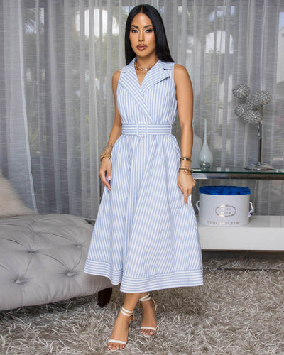 Vera White Blue Stripes Belted Midi Dress