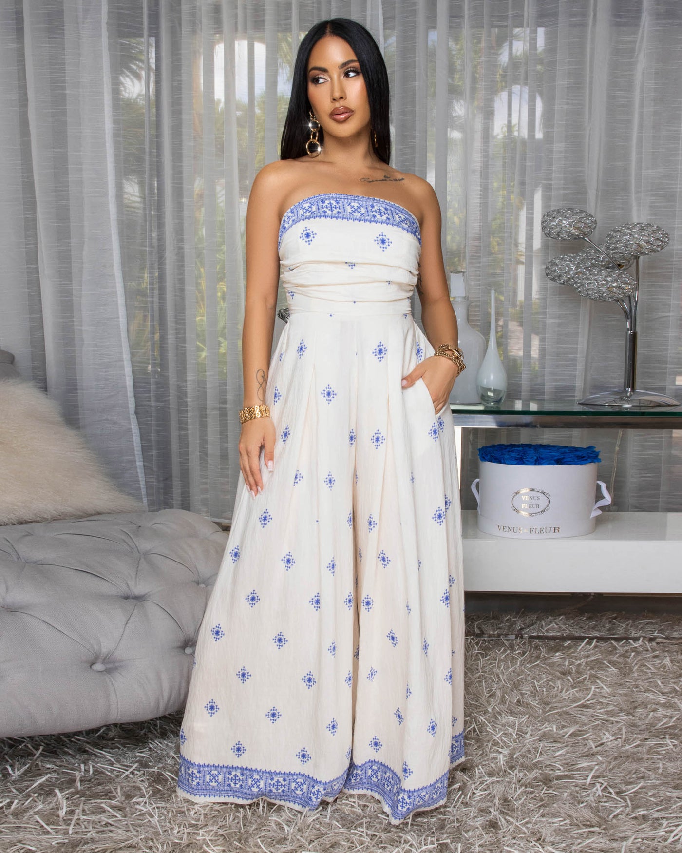 Taneika Cream Blue Print Strapless Jumpsuit