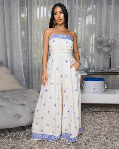 Taneika Cream Blue Print Strapless Jumpsuit