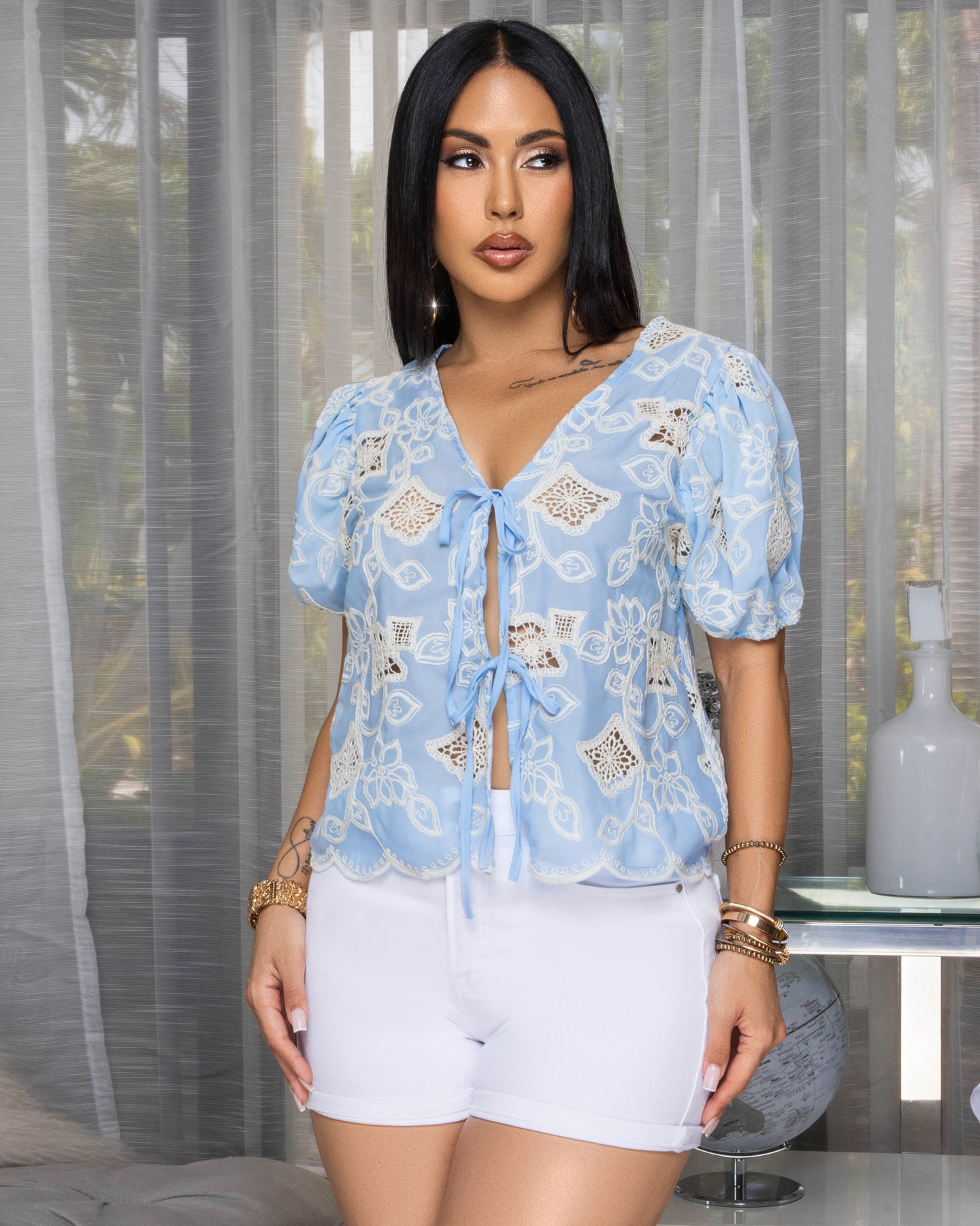 Samantha Baby Blue Cream Embroidery Top