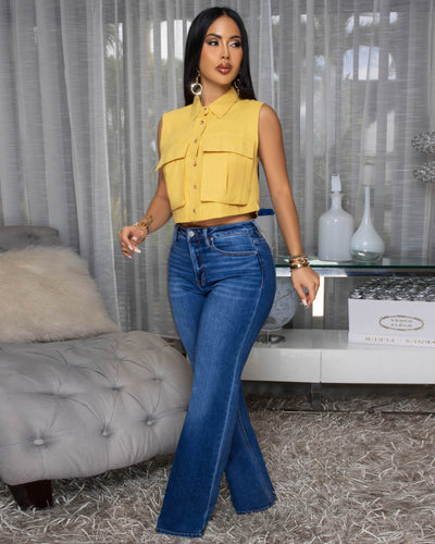 Taliana Mustard Yellow Sleeveless Linen Crop Shirt