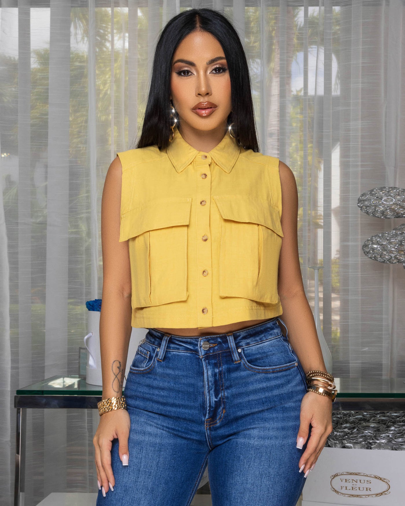 Taliana Mustard Yellow Sleeveless Linen Crop Shirt
