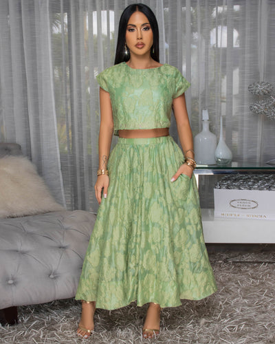Desideria Olive Green Textured Top & Skirt Set