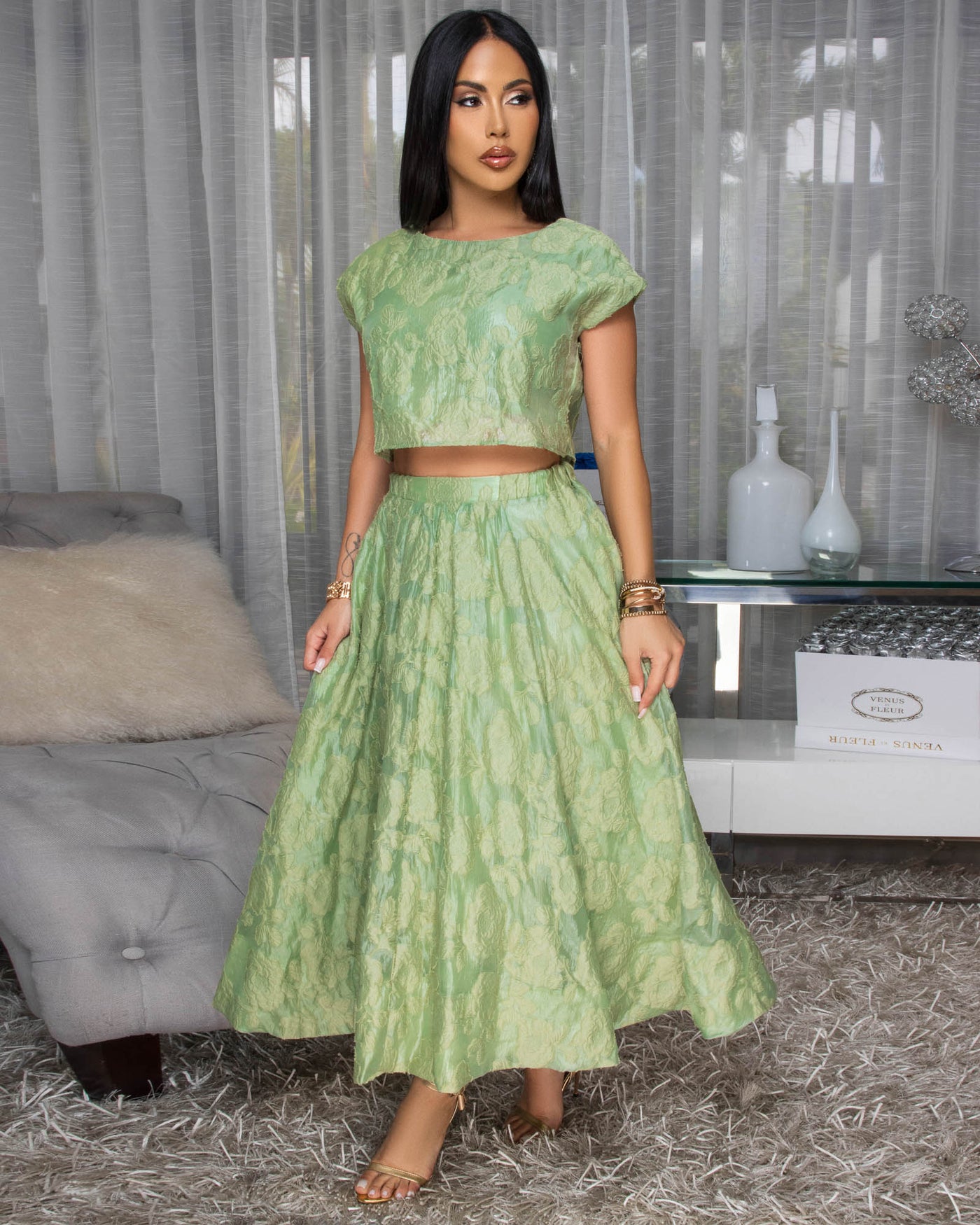 Desideria Olive Green Textured Top & Skirt Set