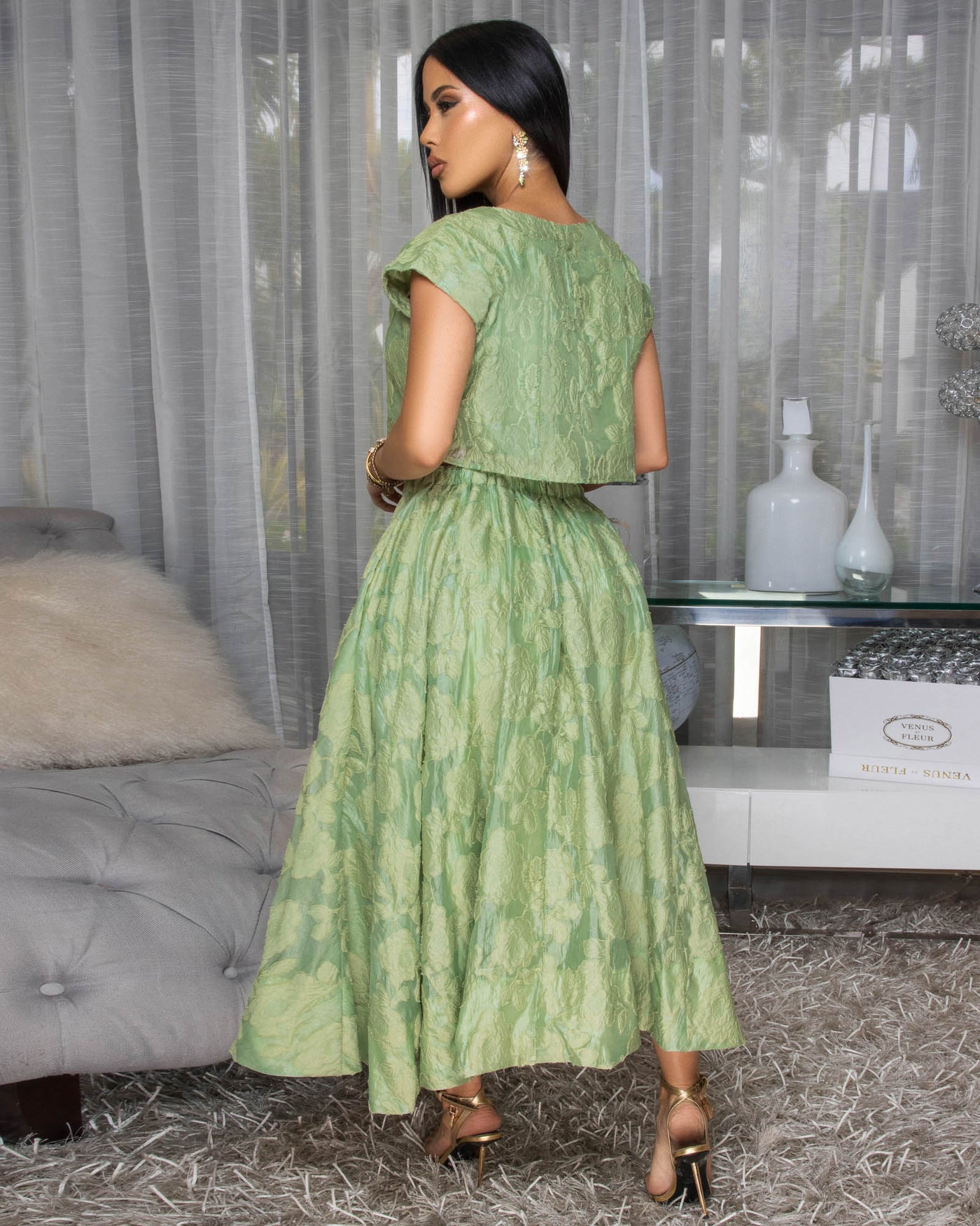 Desideria Olive Green Textured Top & Skirt Set