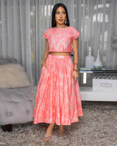 Desideria Coral Textured Top & Skirt Set