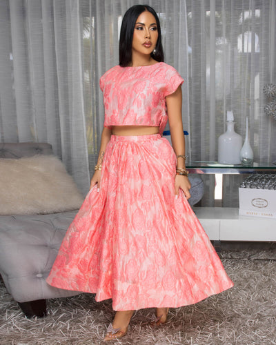 Desideria Coral Textured Top & Skirt Set
