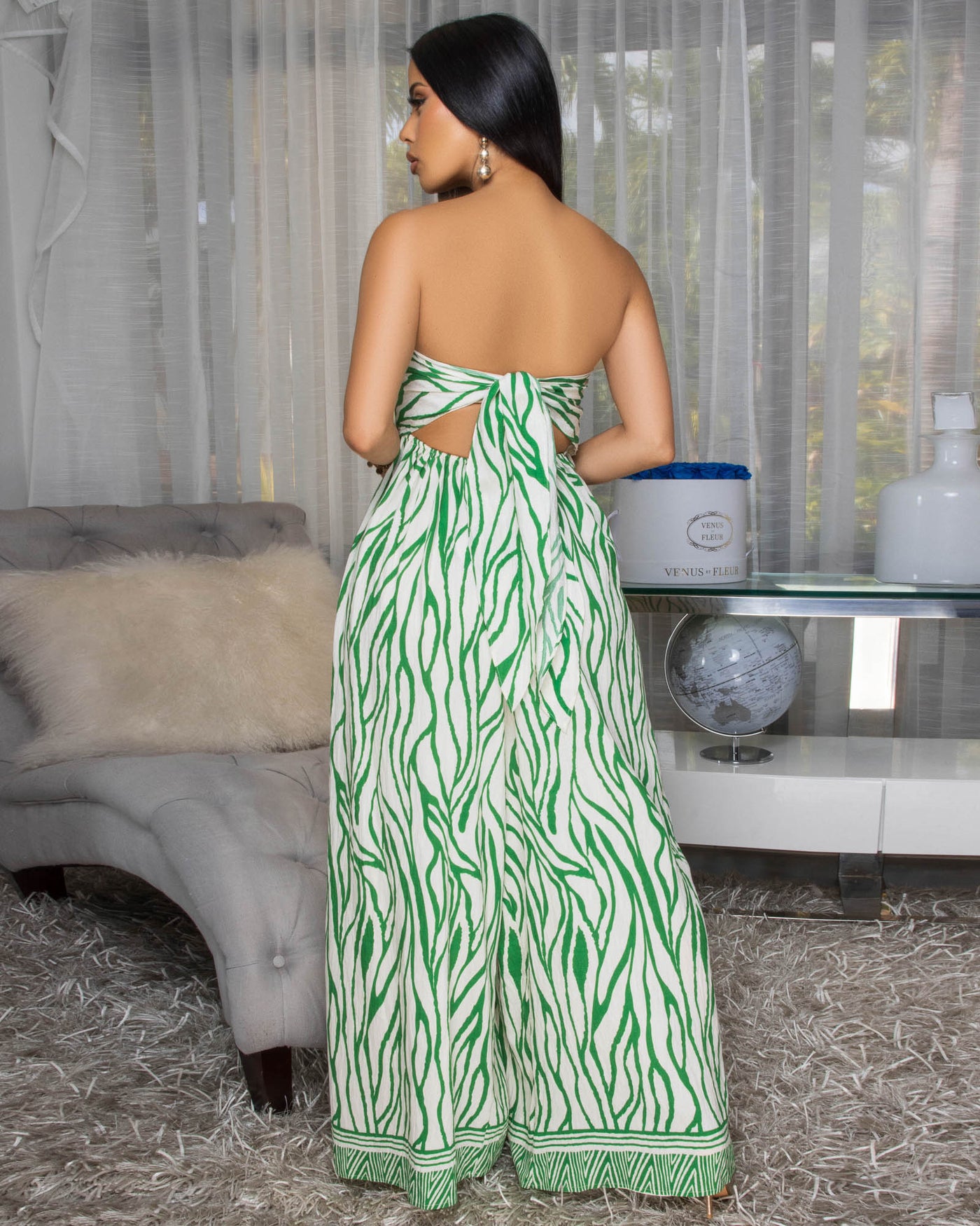 Darby Cream Green Print Strapless Jumpsuit