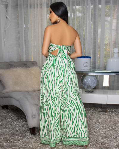 Darby Cream Green Print Strapless Jumpsuit