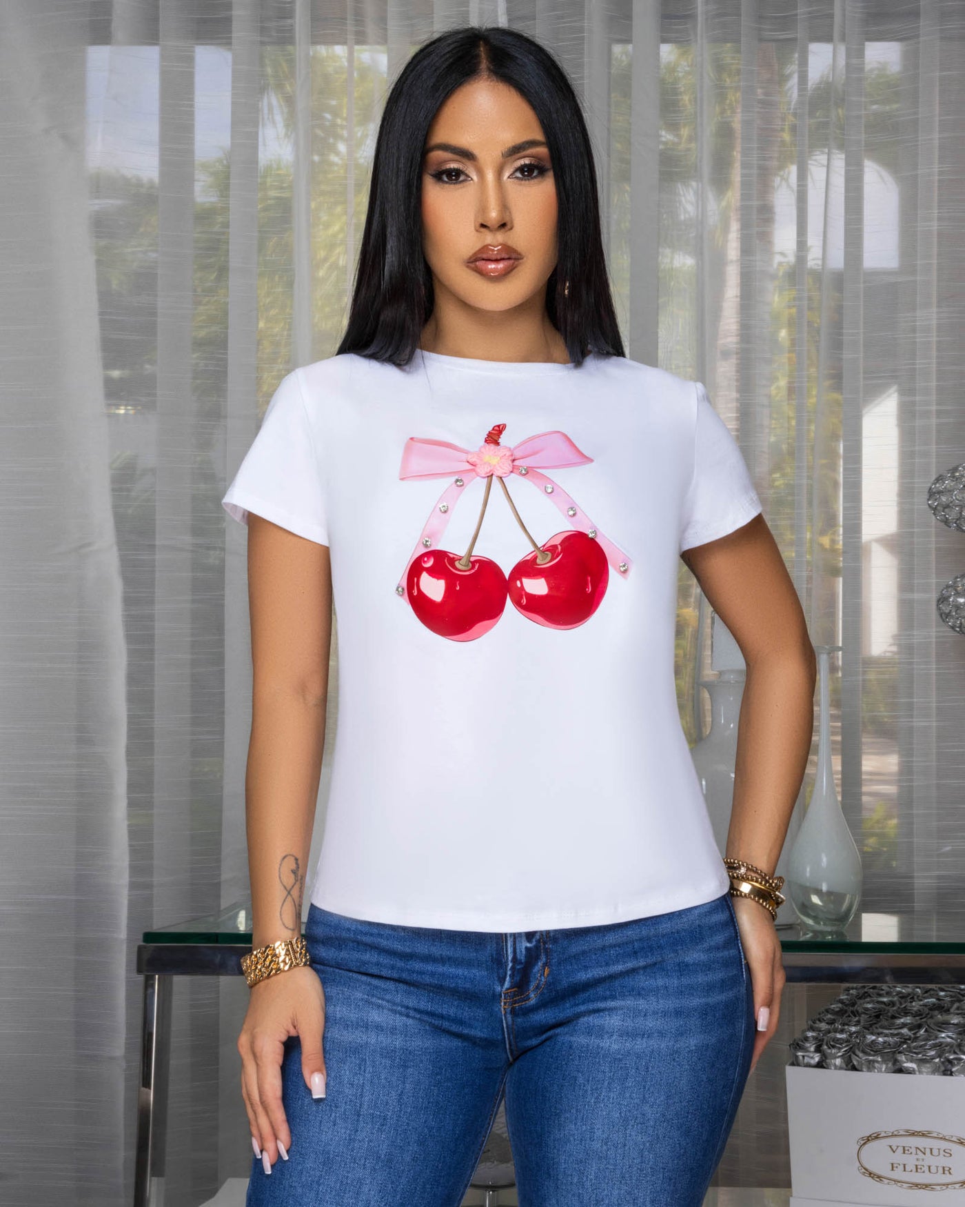 Cherries Off-White Bow Print Graphic T-Shirt