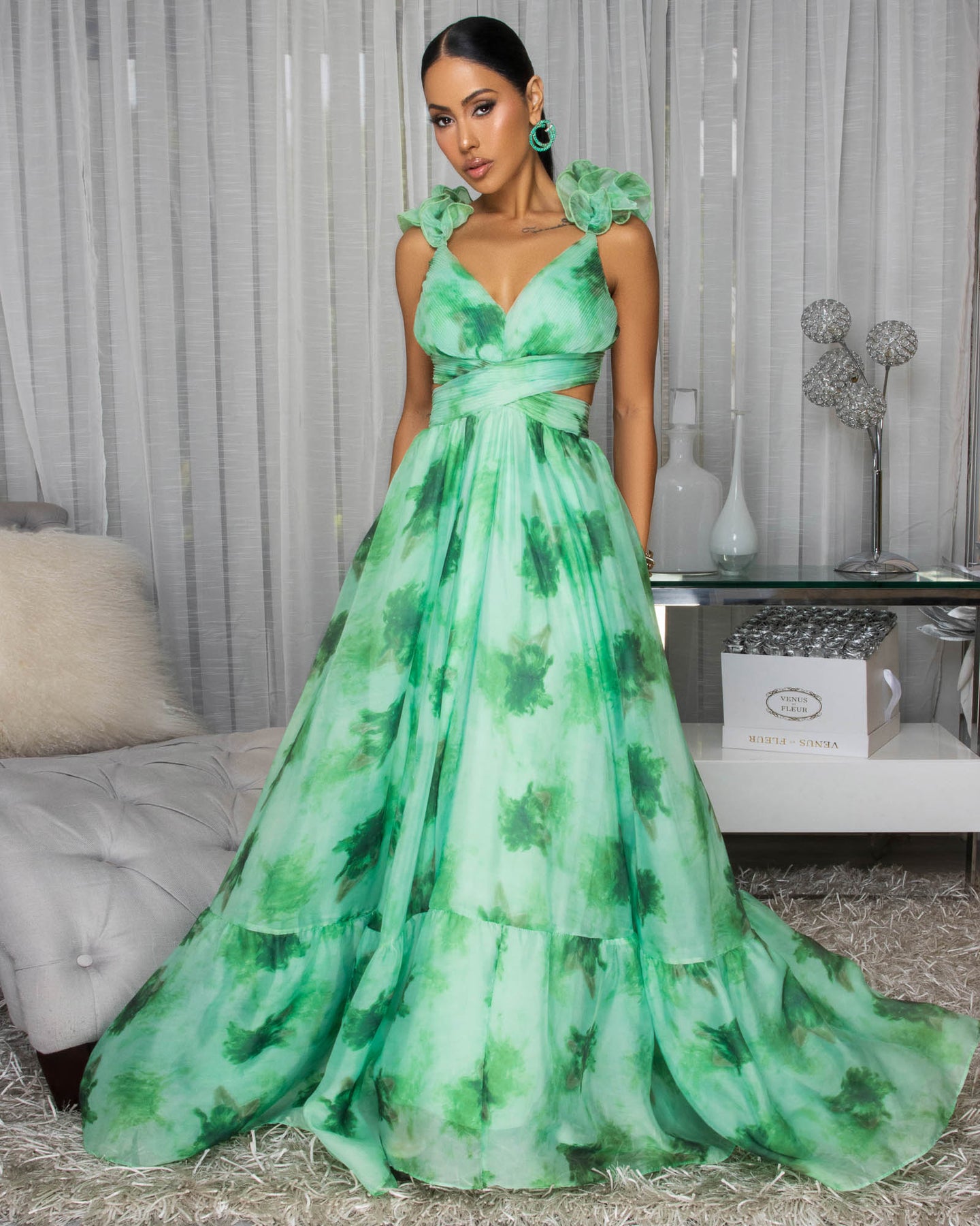 Jarielle Green Floral Print Drape Ruffle Maxi Dress