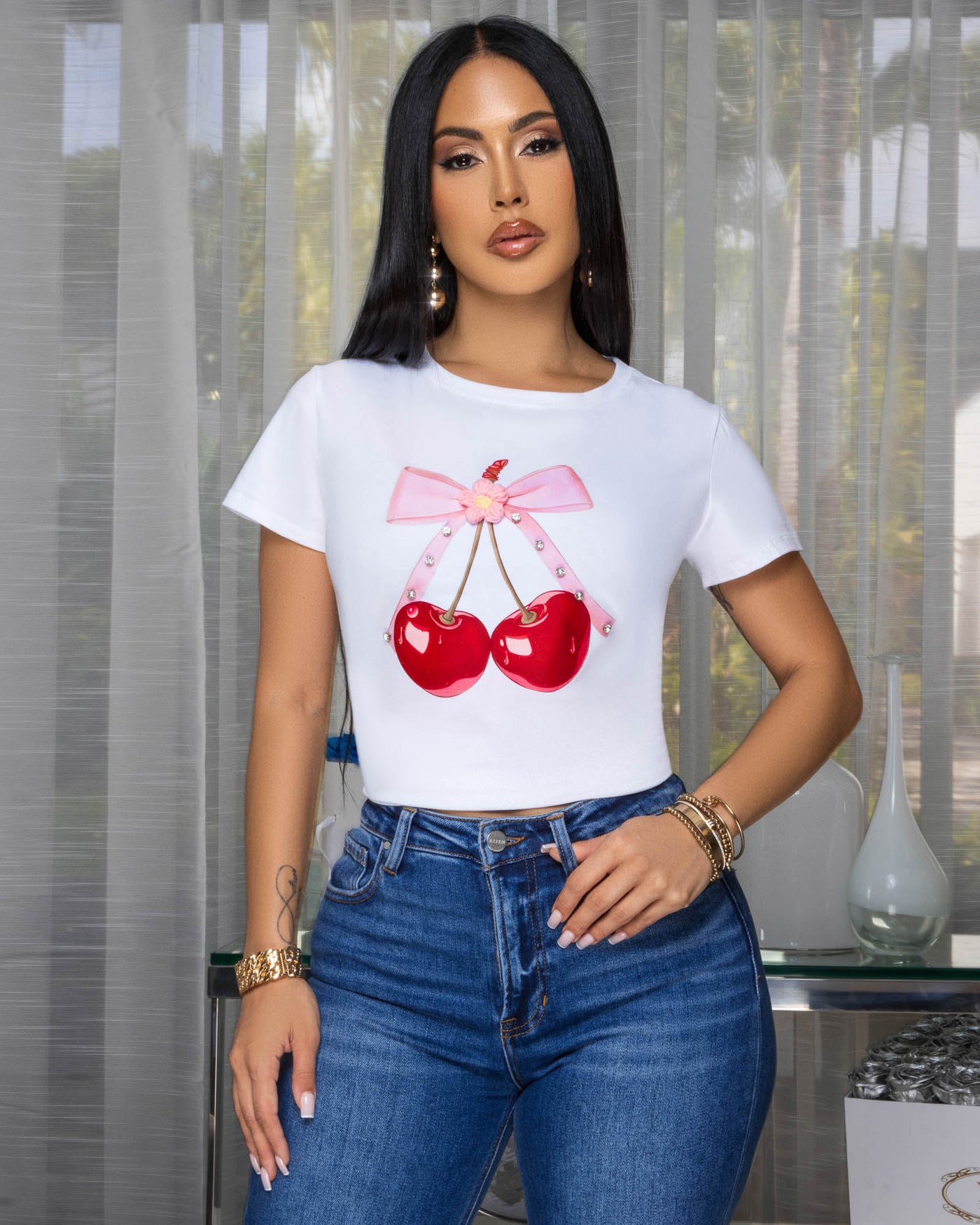 Cherries Off-White Bow Print Graphic T-Shirt