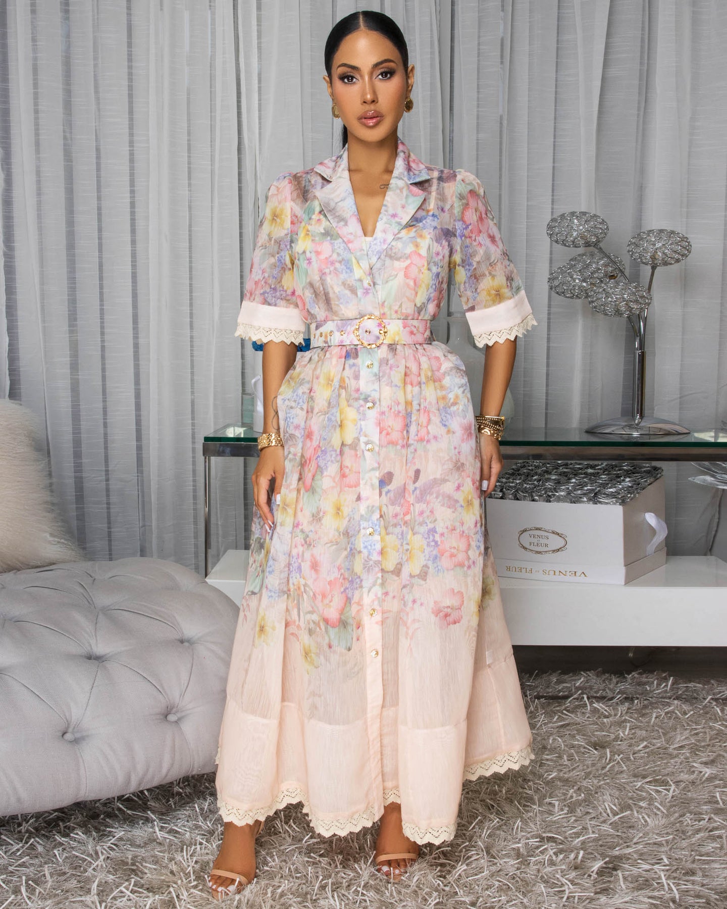 Elisha Blush Floral Print Belted Midi Dress