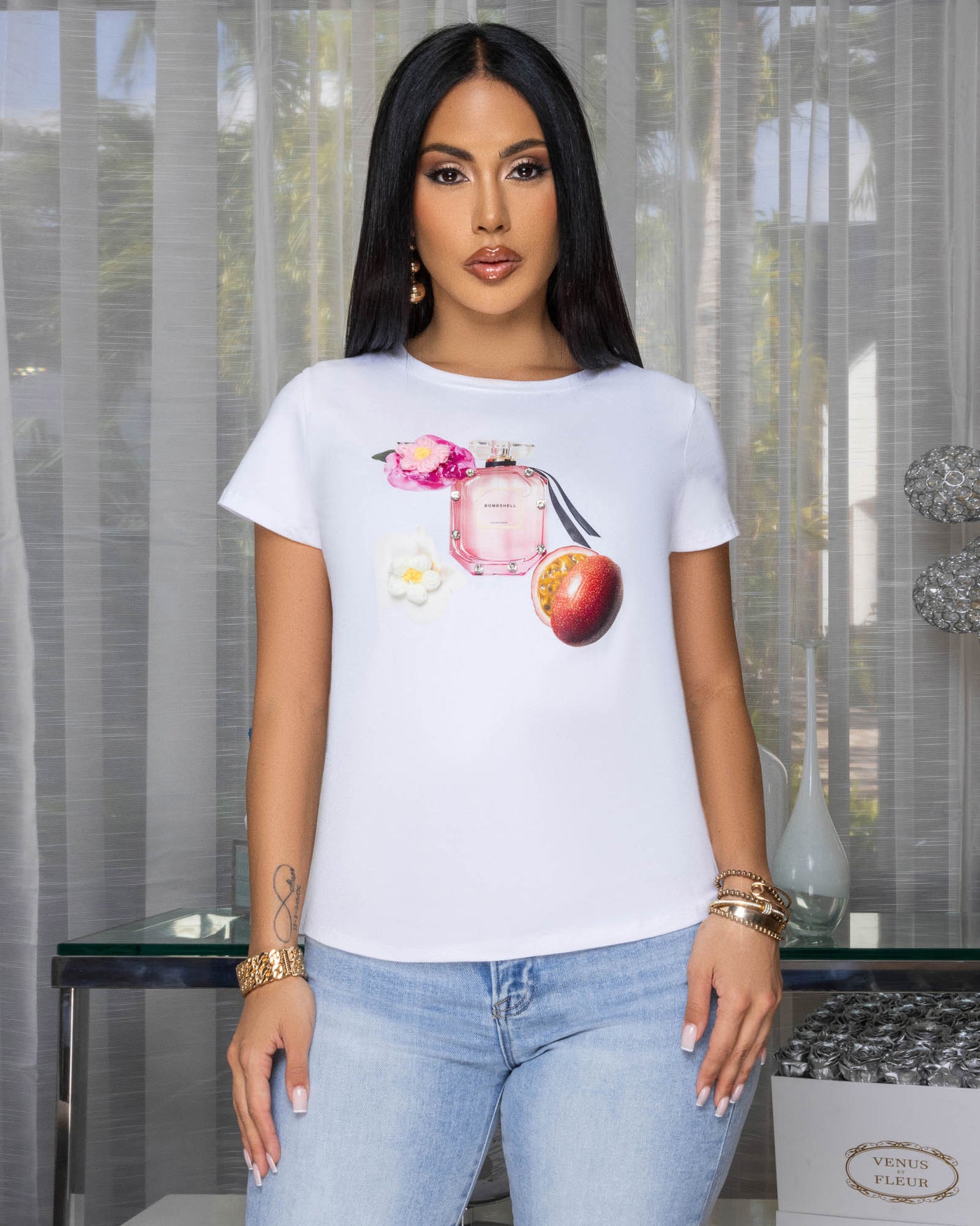 Bombshell Off-White Perfume Bottle Graphic T-Shirt