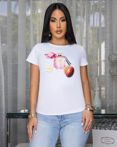 Bombshell Off-White Perfume Bottle Graphic T-Shirt