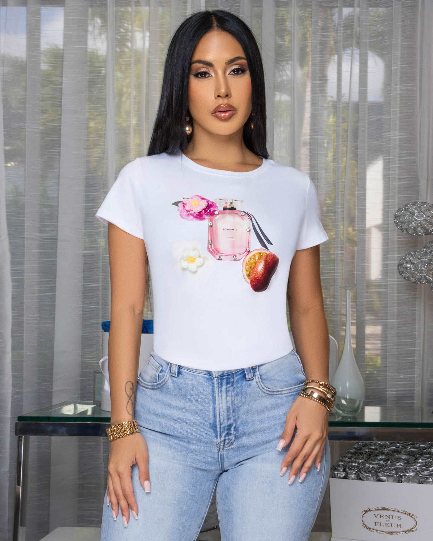 Bombshell Off-White Perfume Bottle Graphic T-Shirt