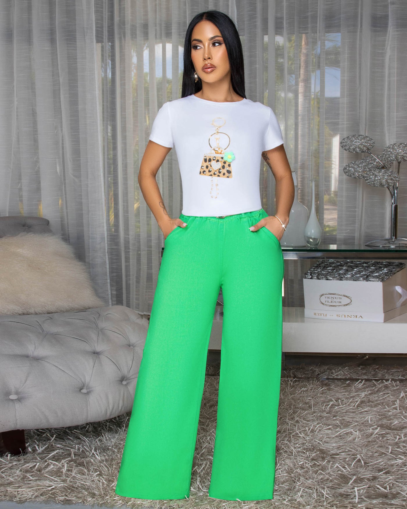 Venus Bright Green Belted Straight Legs Pants