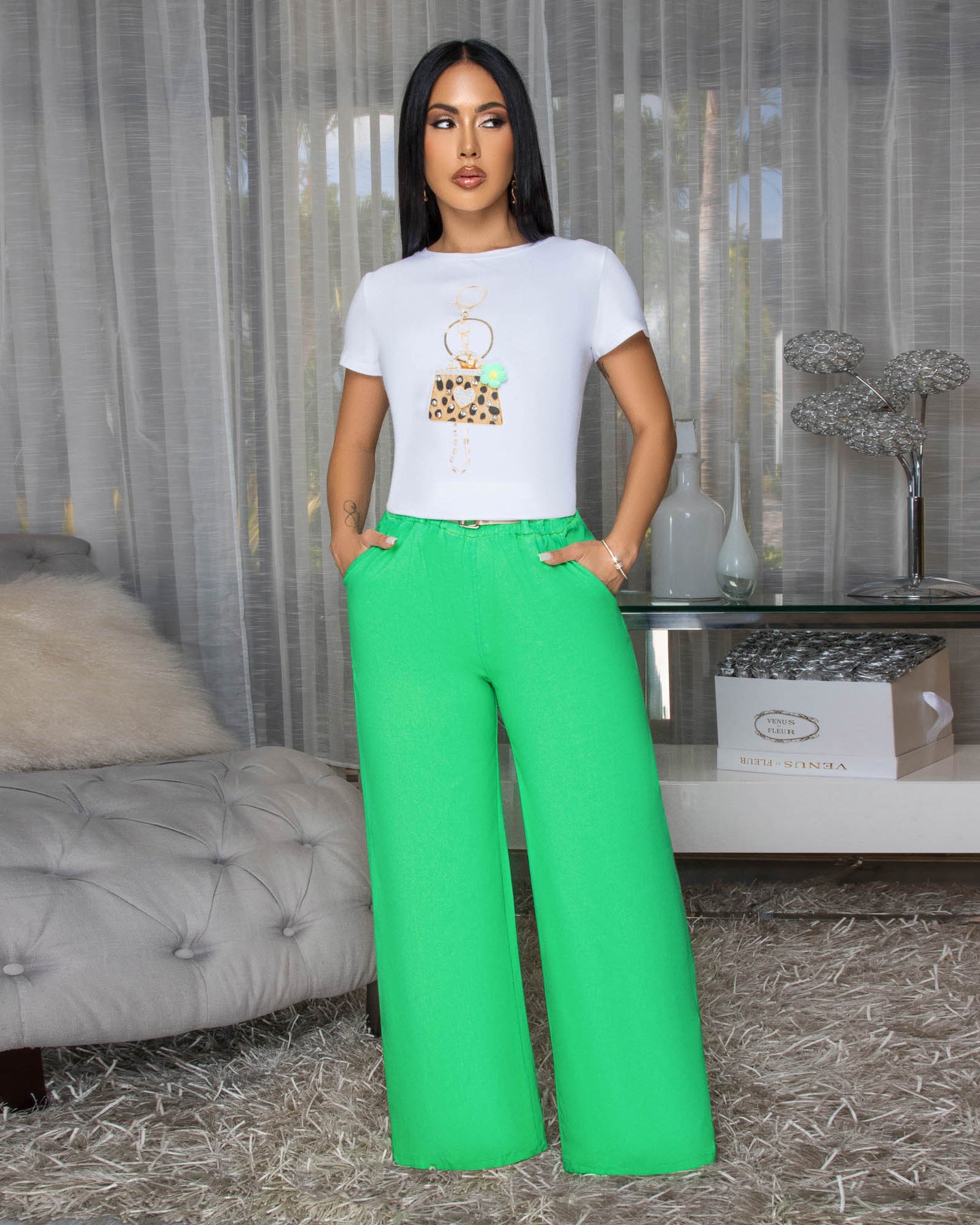 Venus Bright Green Belted Straight Legs Pants