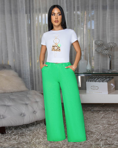 Venus Bright Green Belted Straight Legs Pants