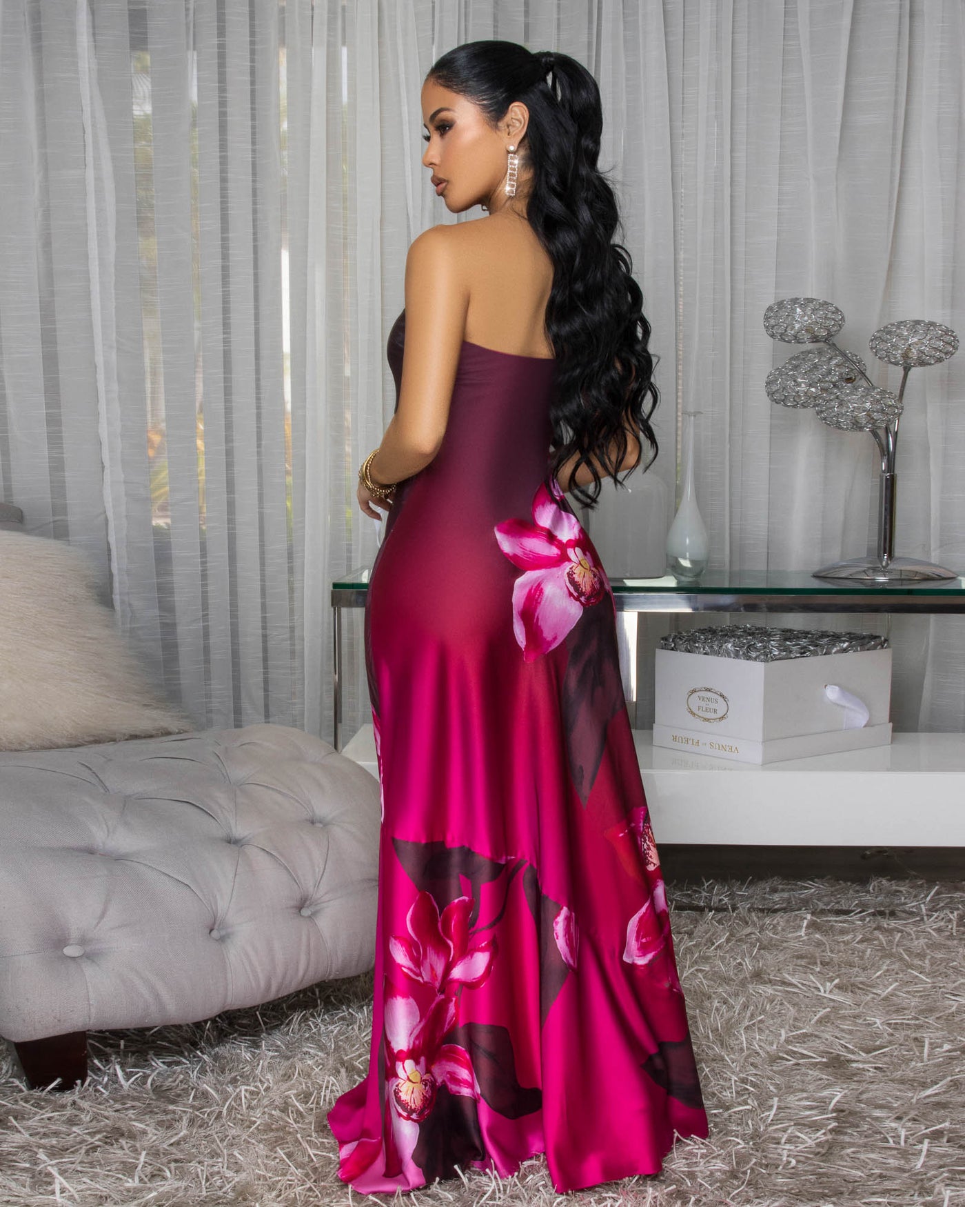 Sashane Magenta Slit Strapless Maxi  Dress