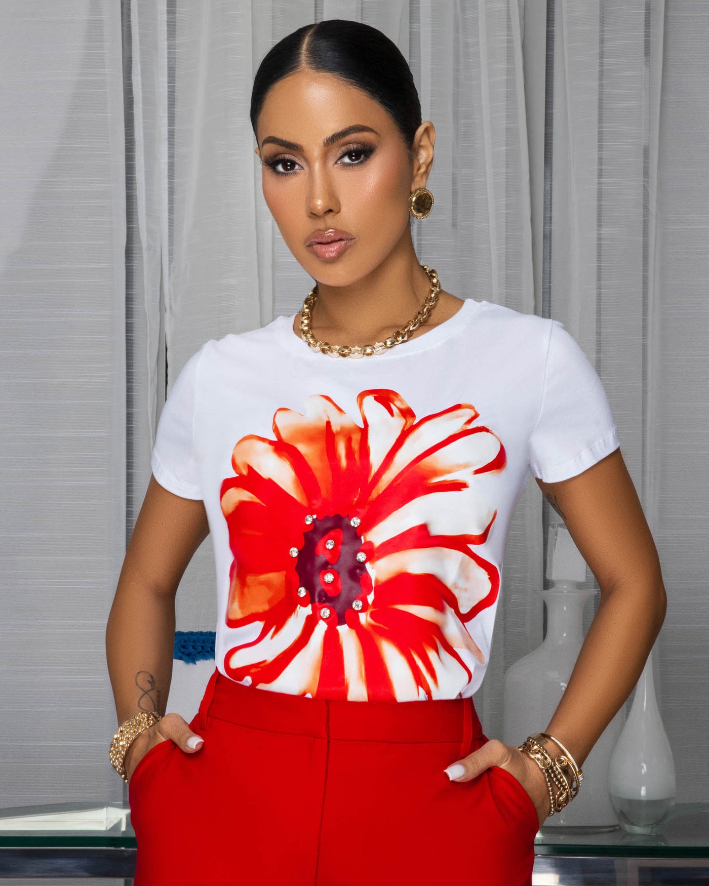 Sunflower Red Print Off-White T-Shirt