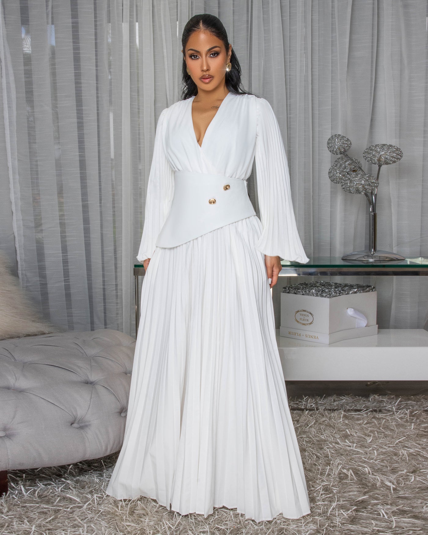 Athenia Off-White Pleated Maxi Dress