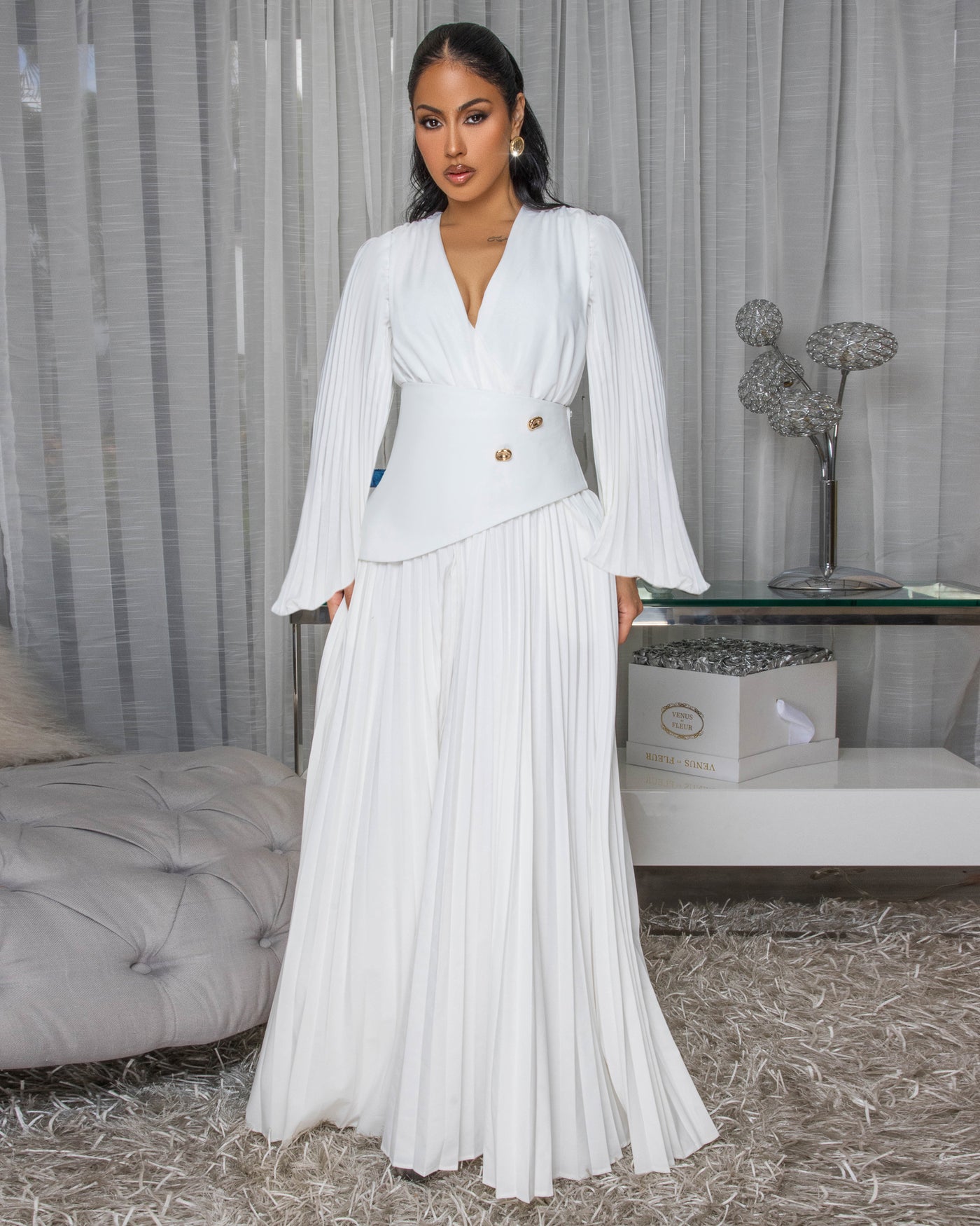 Athenia Off-White Pleated Maxi Dress