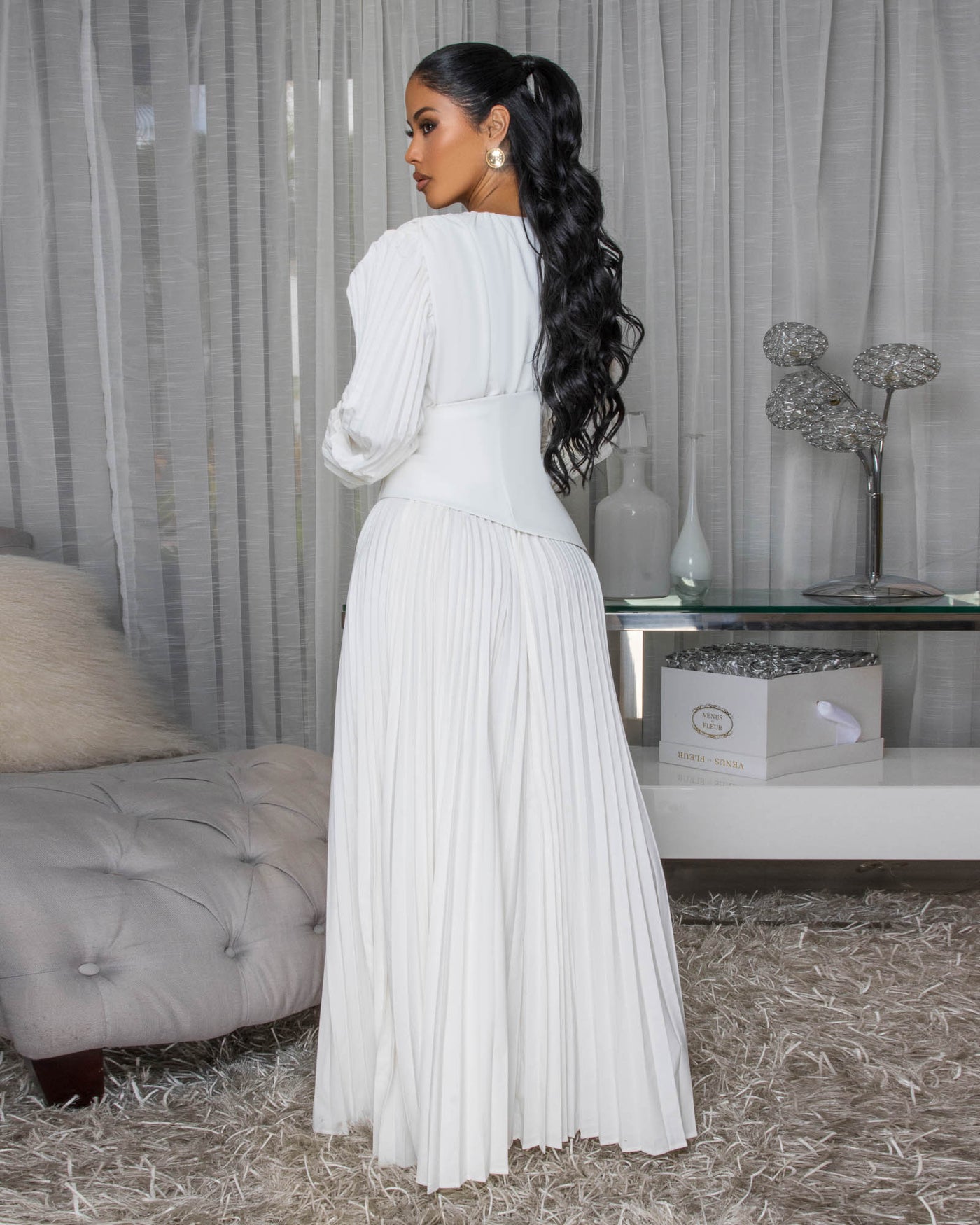 Athenia Off-White Pleated Maxi Dress