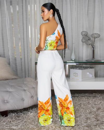 Abora White Multi-Color Floral Print Pants Set
