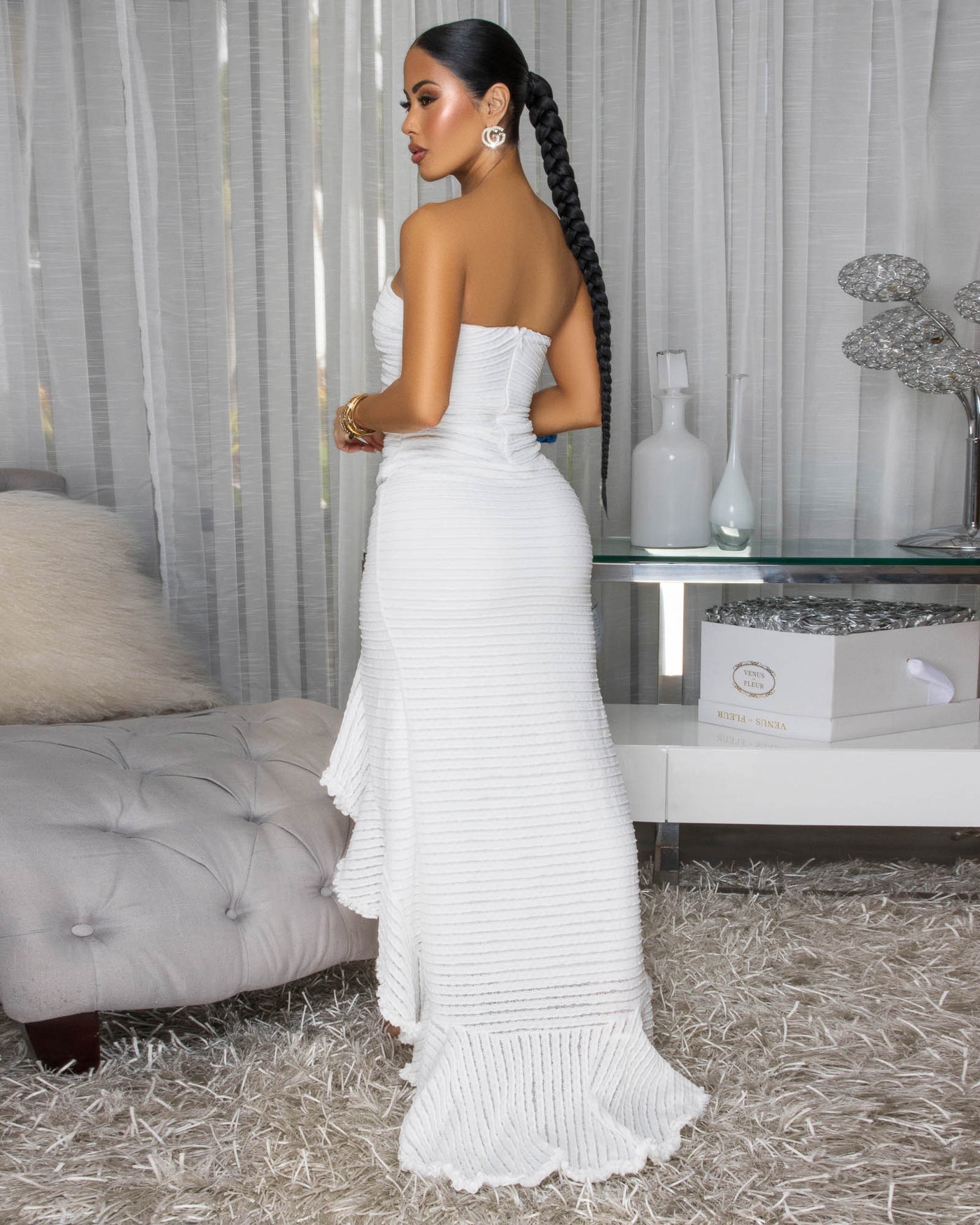Trinity White Knit Ruffle Hi-Lo Dress Chic Couture Online Trinity White Knit Ruffle Hi-Lo Dress Chic Couture Online