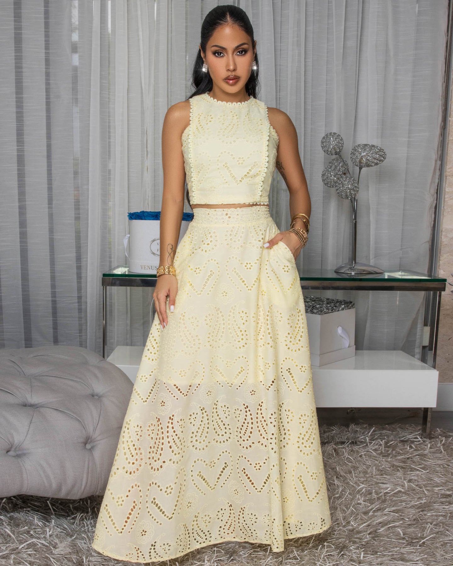 Isalie Yellow Eyelet Top & Skirt Set