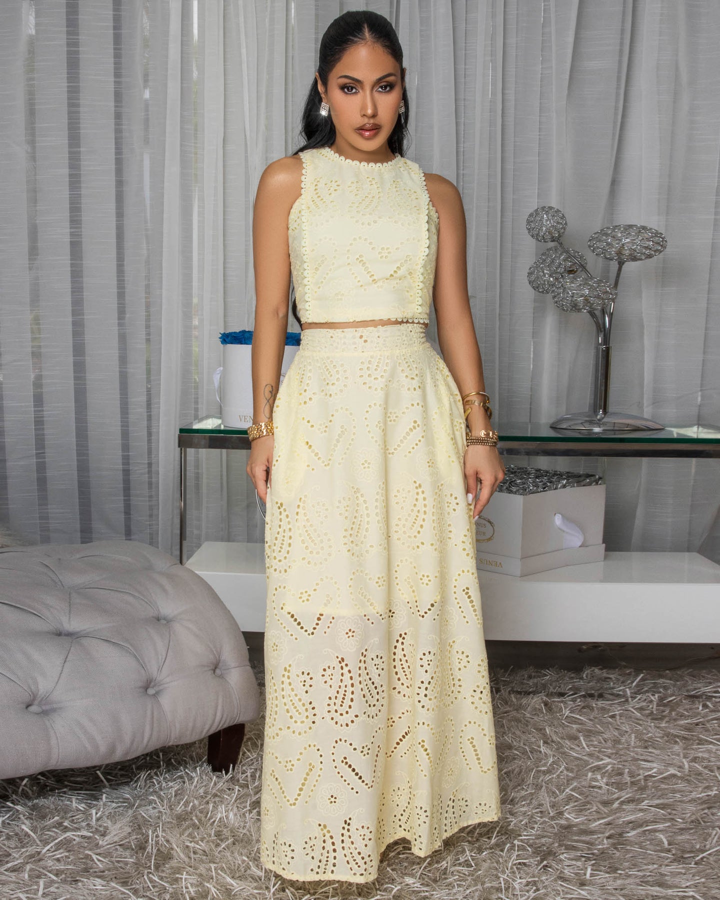 Isalie Yellow Eyelet Top & Skirt Set