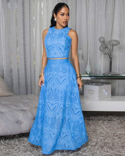 Isalie Blue Eyelet Top & Skirt Set