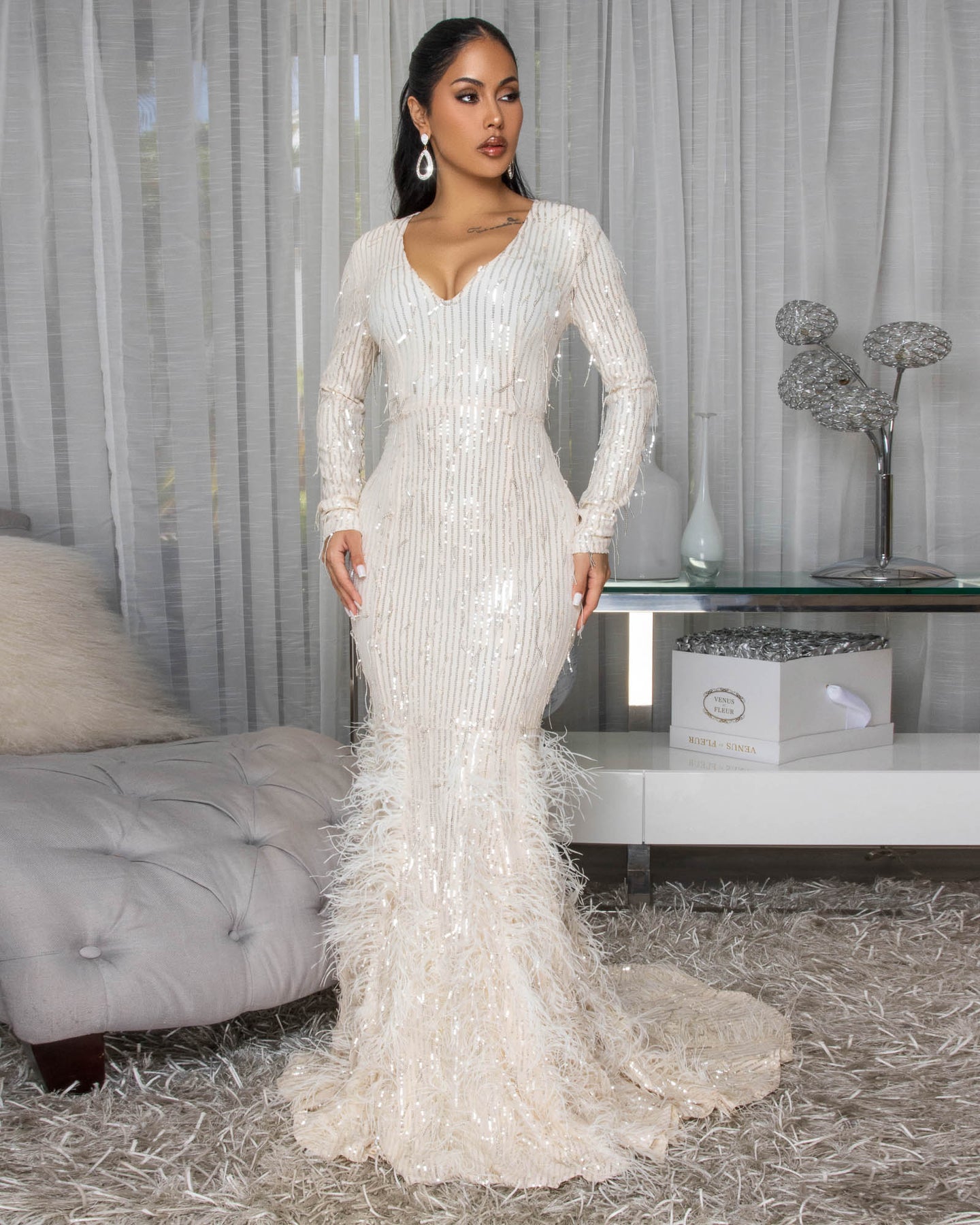 Bahare Champagne Sequins Feather Accent Gown