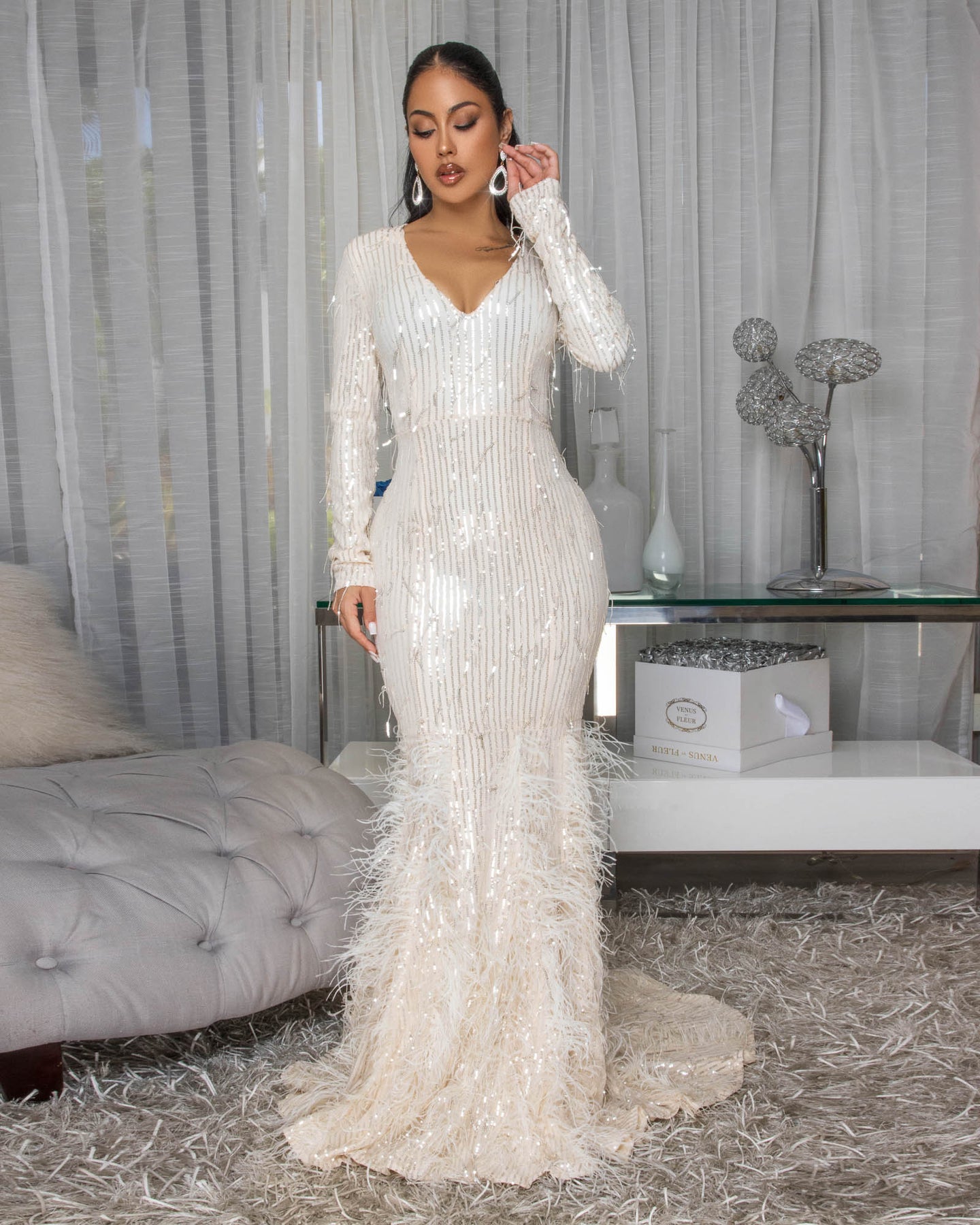 Bahare Champagne Sequins Feather Accent Gown