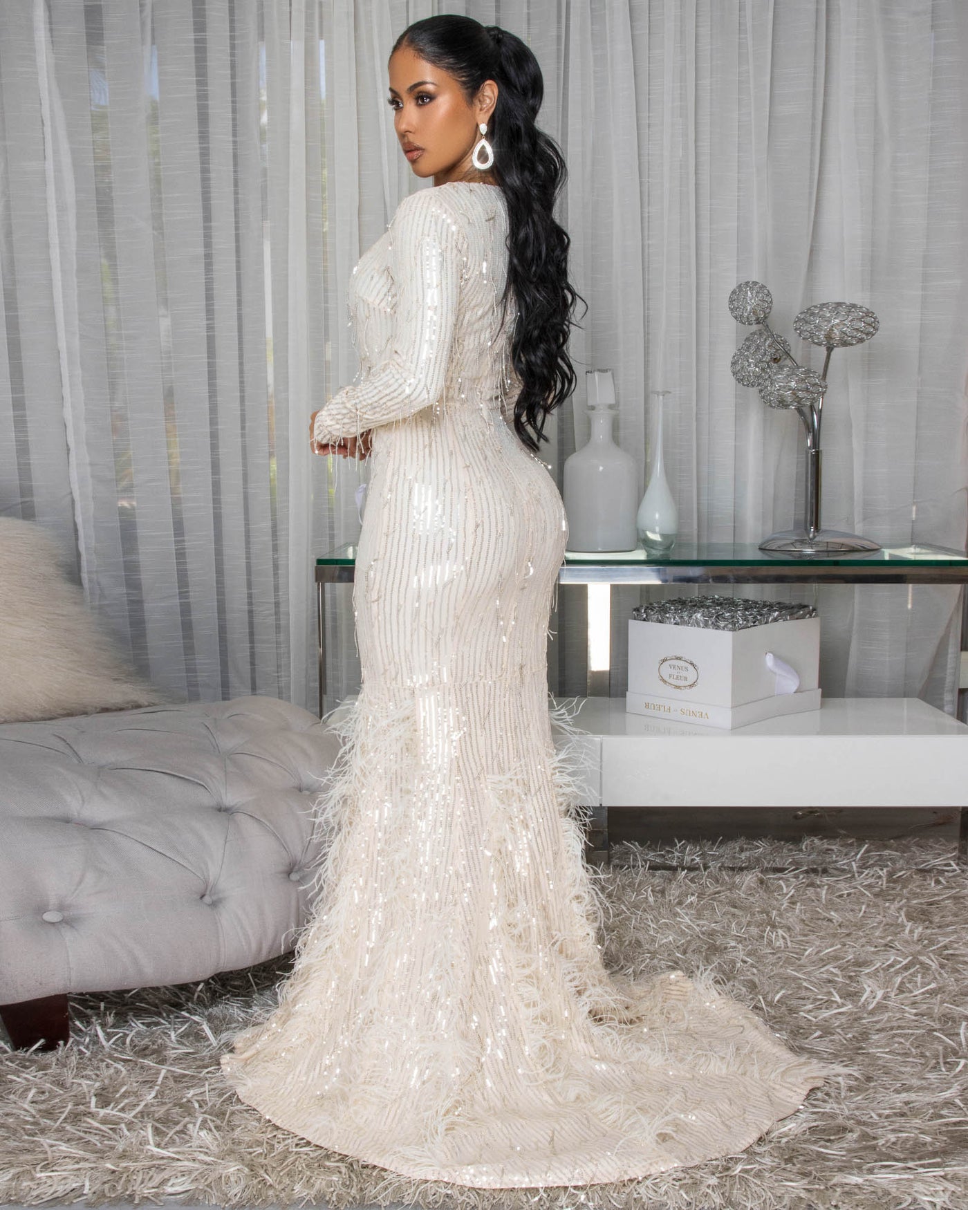 Bahare Champagne Sequins Feather Accent Gown