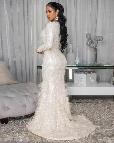 Bahare Champagne Sequins Feather Accent Gown