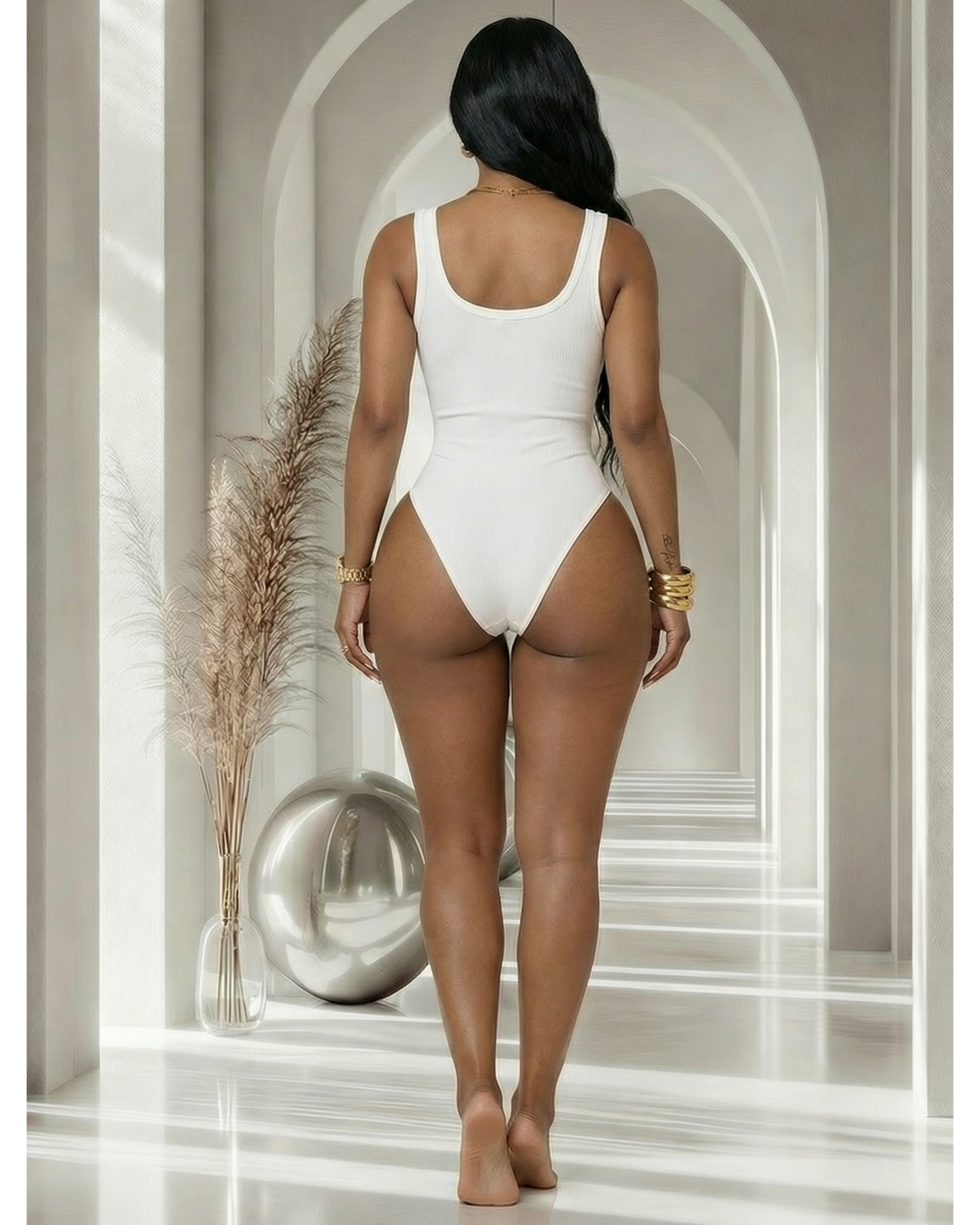 Lucia White V-Back Ribbed LUXE Bodysuit
