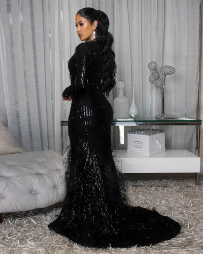 Bahare Black Sequins Feather Accent Gown