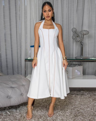 Kensington Off-White Nude Trim Halter LUXE Dress