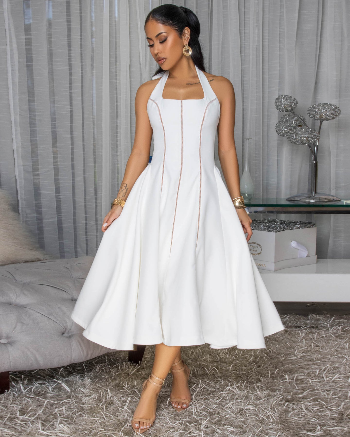 Kensington Off-White Nude Trim Halter LUXE Dress