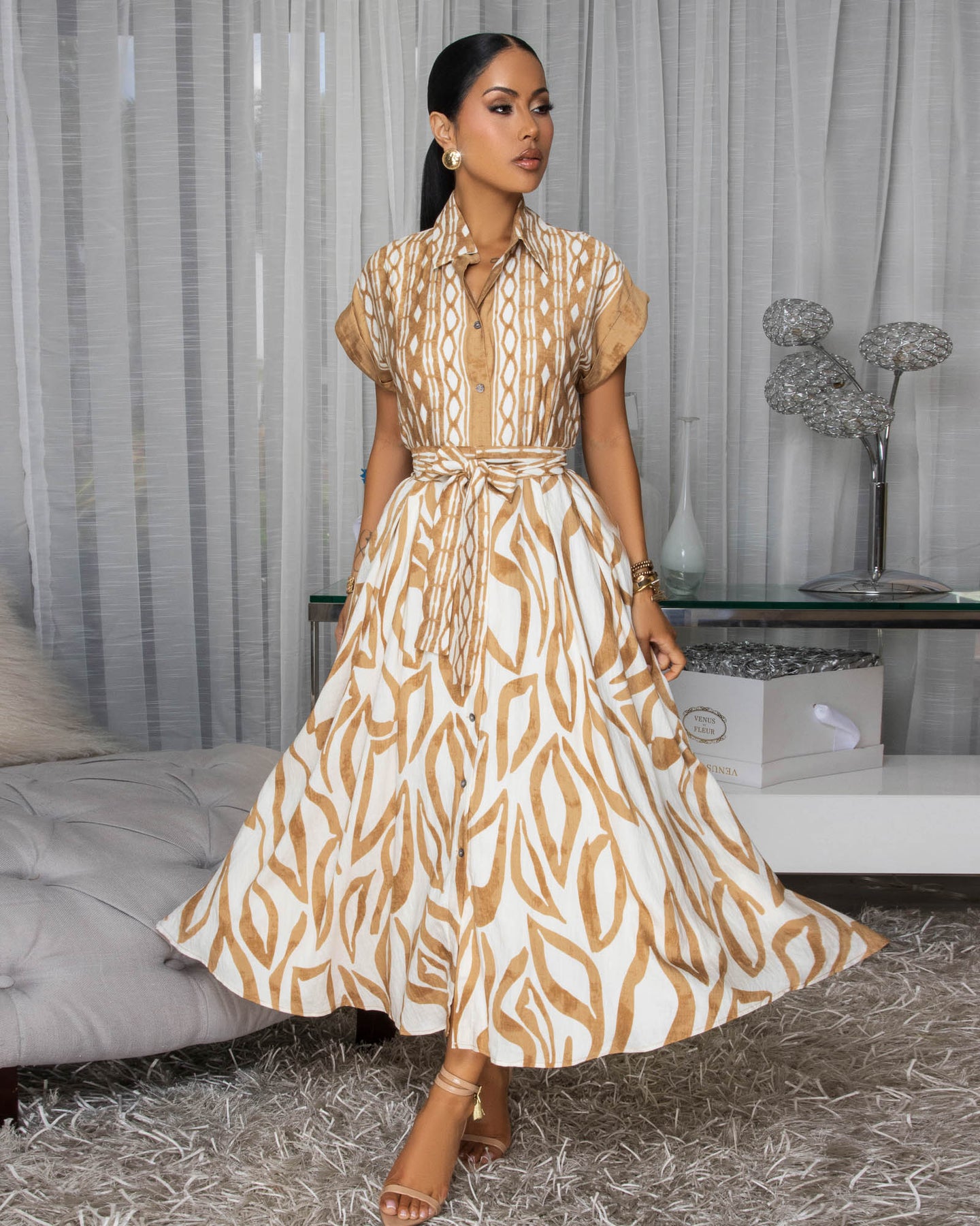 Vixen Taupe Cream Floral Print Maxi Dress